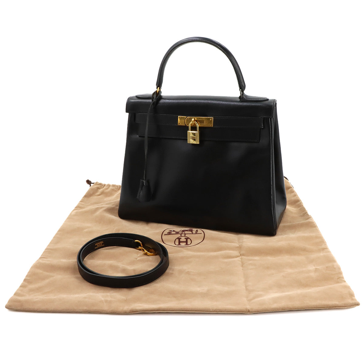 Kelly 28 Box carf Black 2way Hand Shoulder Bag Purse 90347011