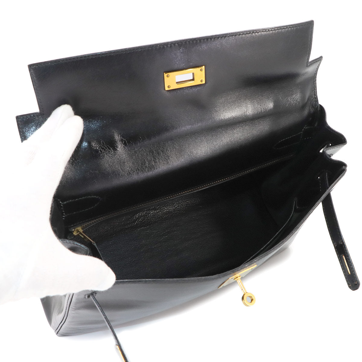 Kelly 32 Box calf Black Hand Shoulder Bag Vintage Purse