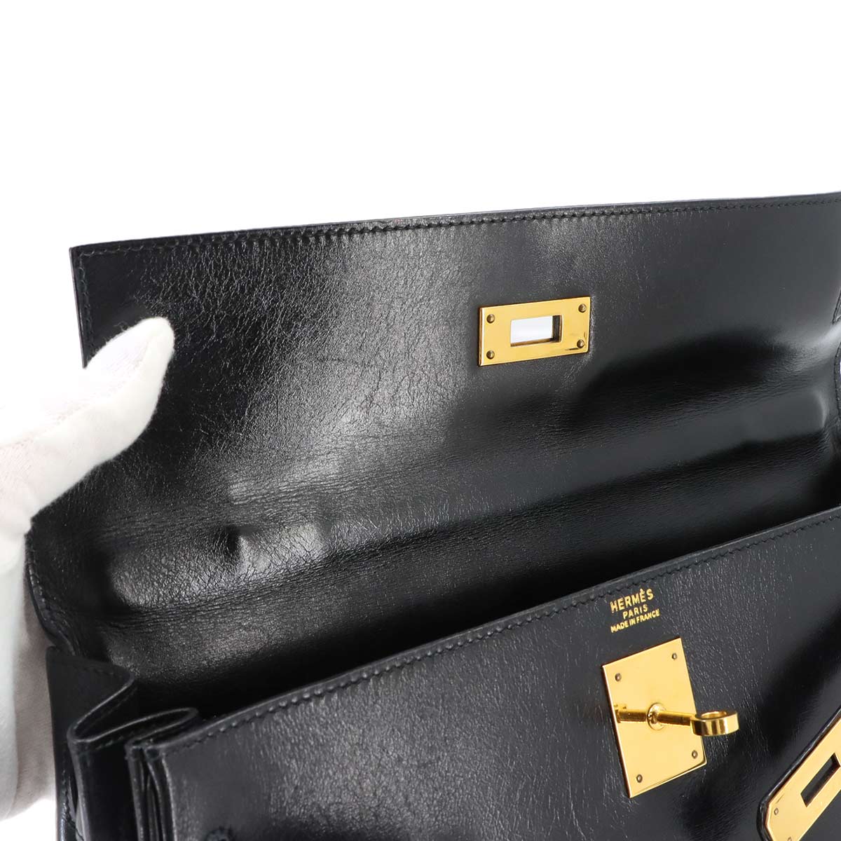 Kelly 32 Box calf Black Hand Shoulder Bag Vintage Purse