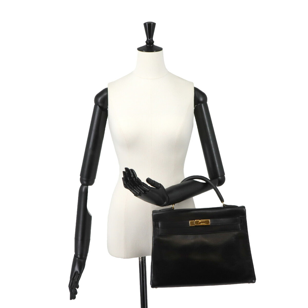 Kelly 32 Box calf Black Hand Shoulder Bag Vintage Purse