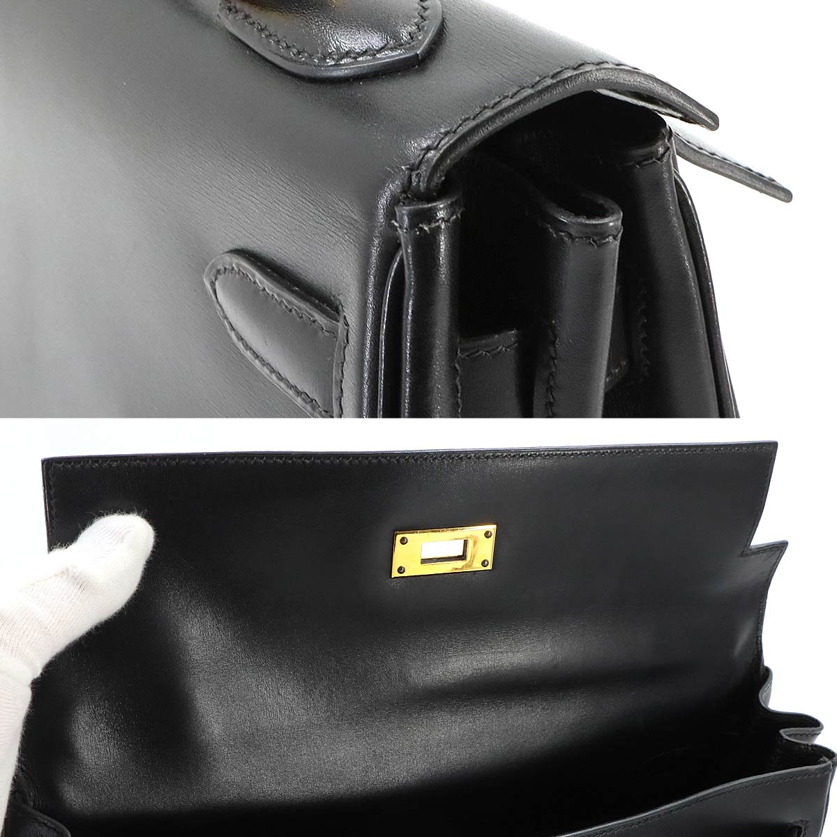 Kelly 32 Box calf Black Hand Shoulder Bag Vintage Purse