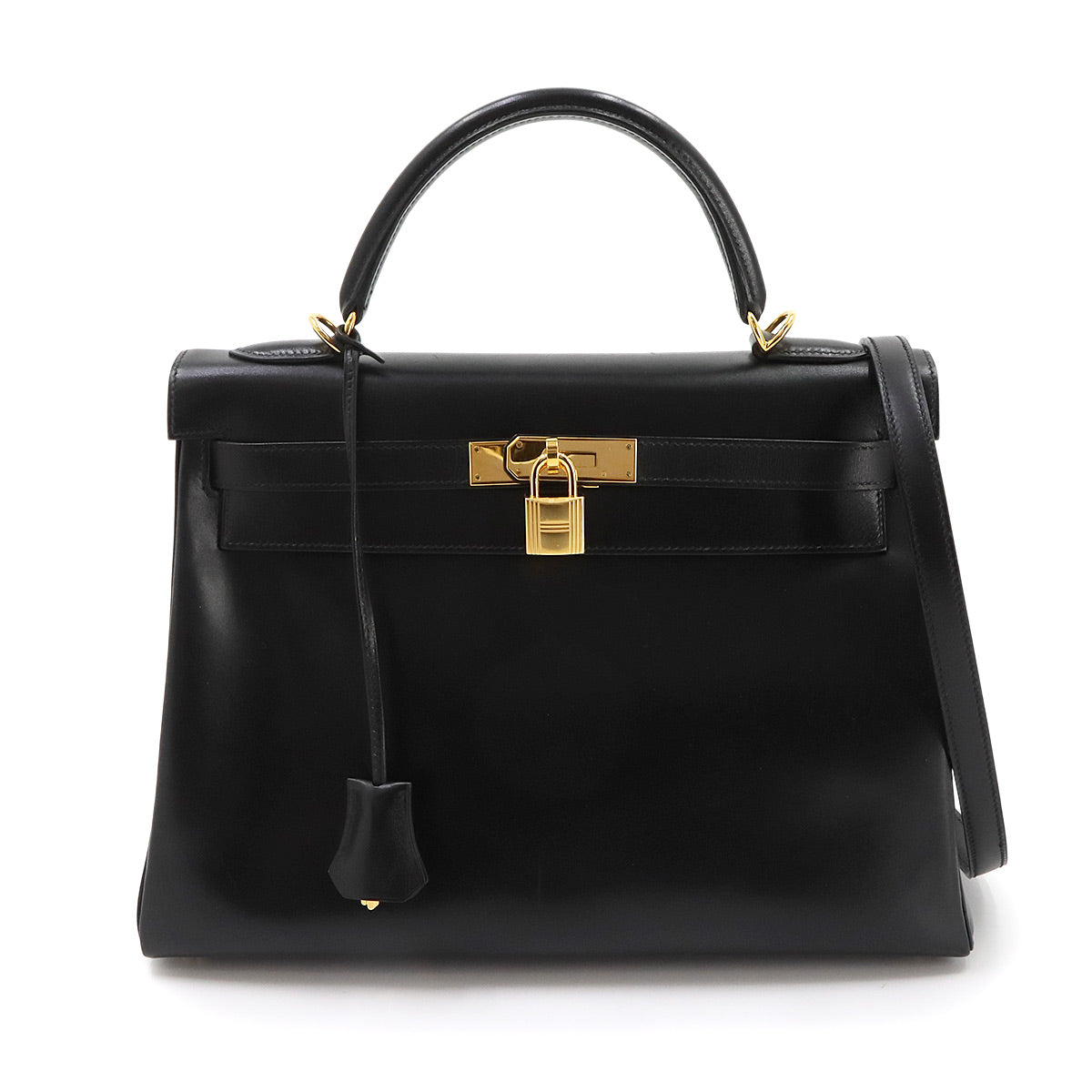 Kelly 32 Box calf Black Hand Shoulder Bag Vintage Purse